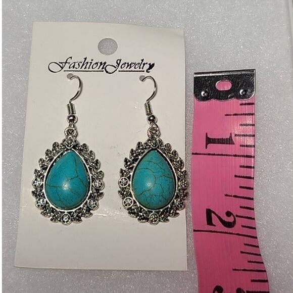 Silver Turquoise Stone Dangle Drop Fashion Earrings - Picture 2 of 2